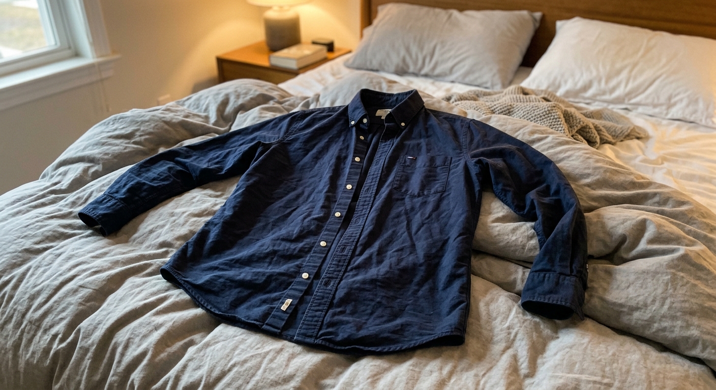 A wrinkled navy shirt on a rumpled bed