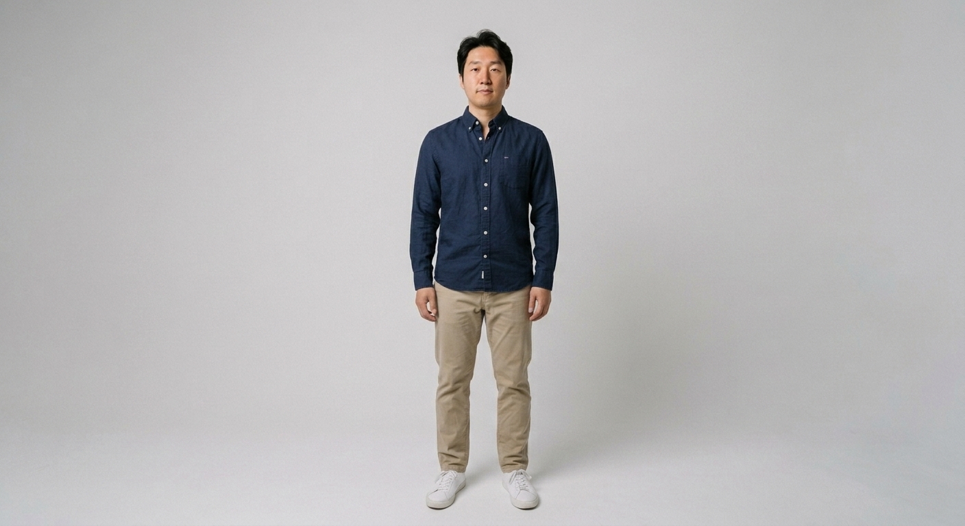 The same avatar wearing a navy oxford shirt and beige chinos